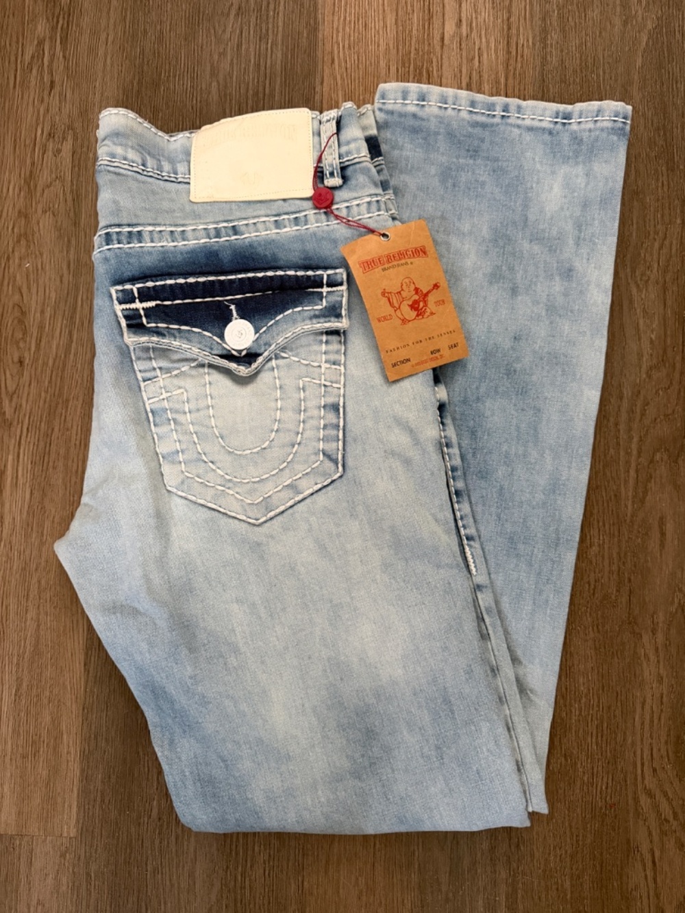 NWT True Religion jeans 36x34 blue white stitch flap pockets boot cut button fly